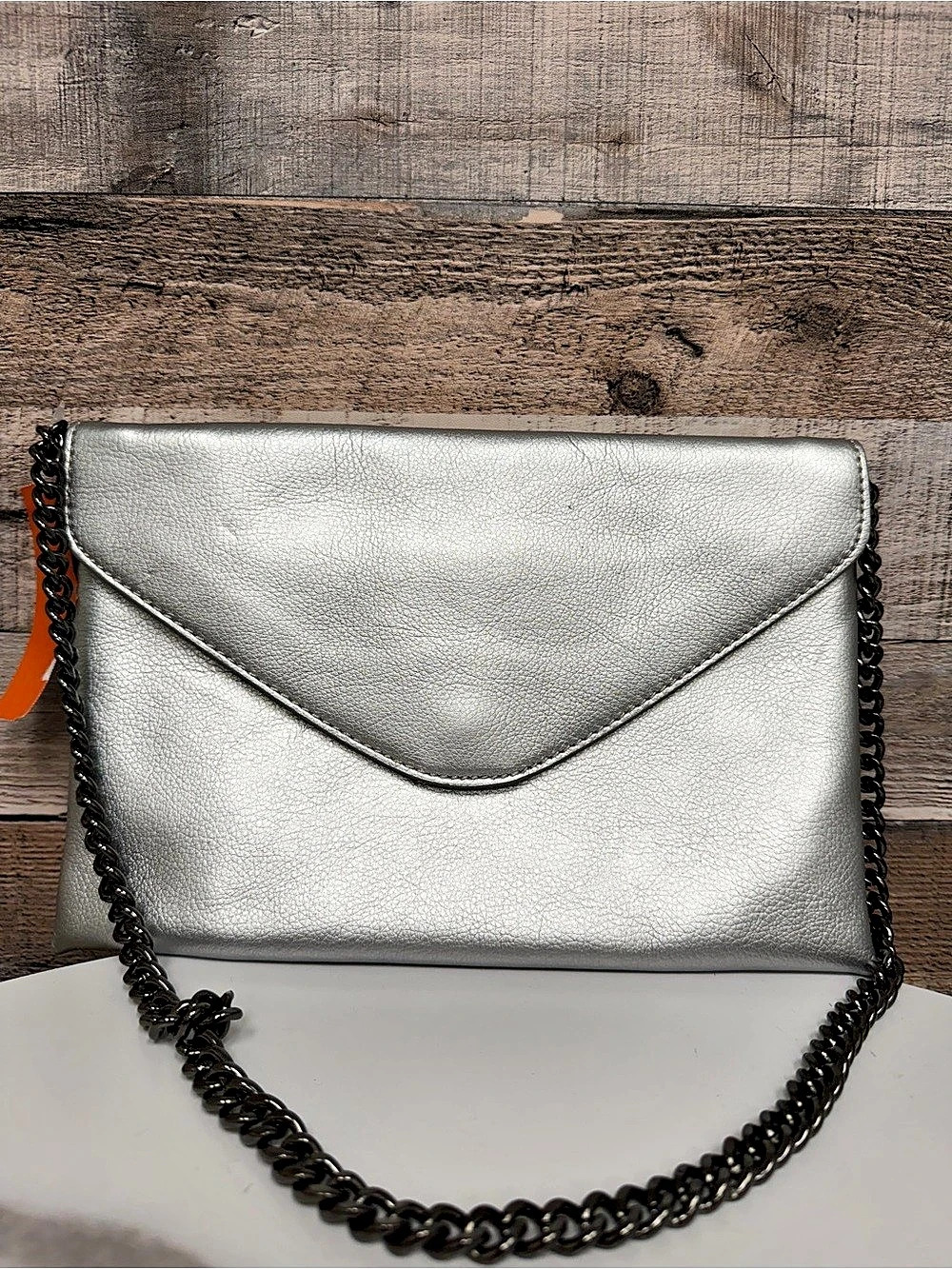 J.Crew metallic silver with chain strap envelope clutch OS